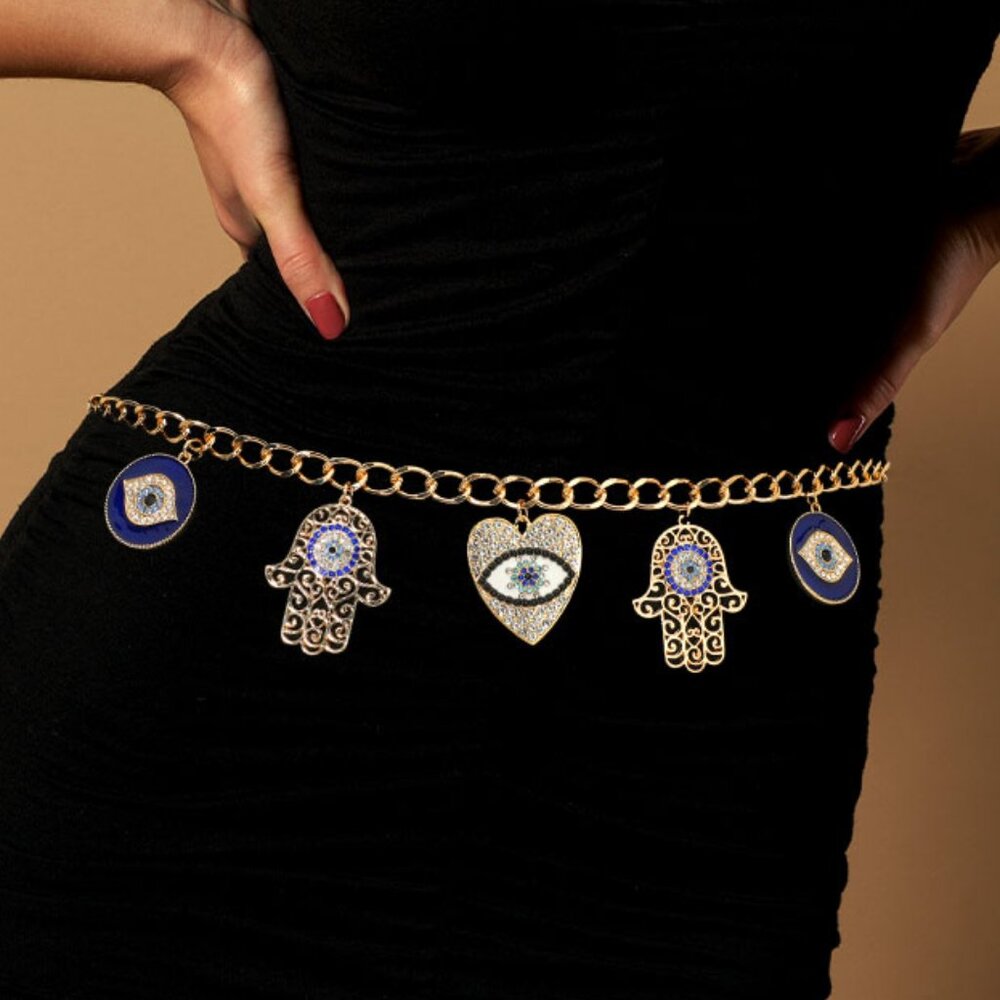 Evil Eye Hamsa Womens Belt Sparkle Rhinestone Enamel Gold Chain NEW